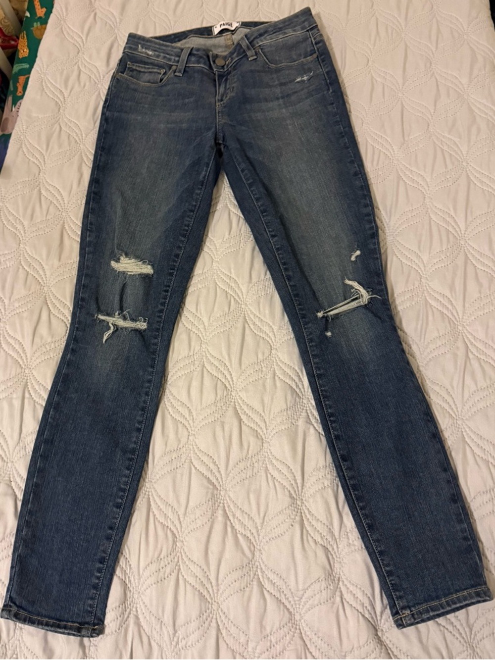 Paige Distressed Skinny Jeans Size 26 Mid‎ Rise Blue Wash Stretch Denim